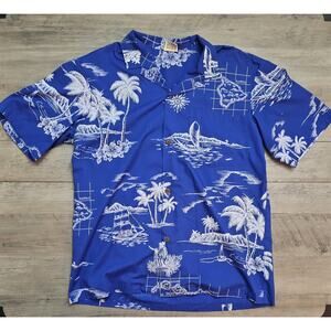VINTAGE Royal Creations Men Button Up Shirt Large Blue Floral Hawaiian Collar